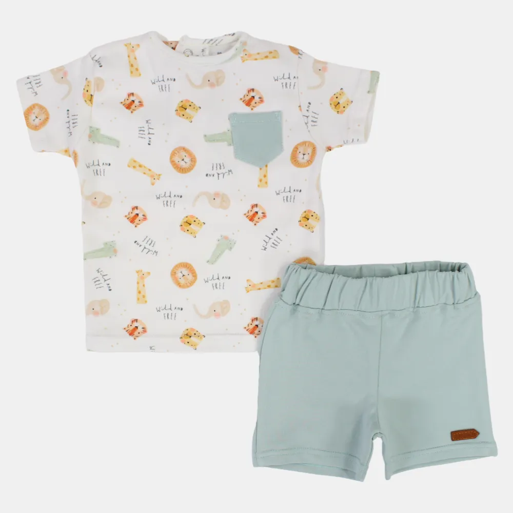 Baby Boys Cotton 2-Piece Outfit Set - Wild Animals' Heads Design
