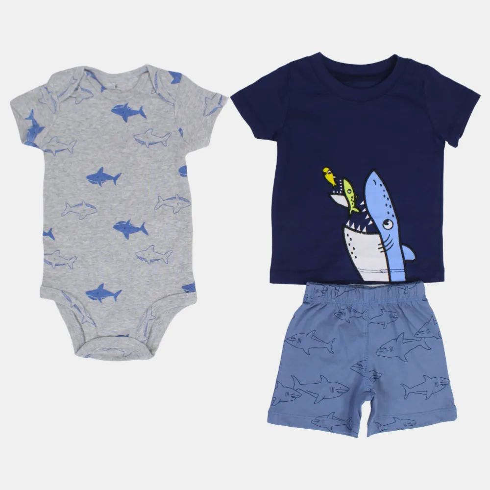 Baby Boys Cotton 3-Piece Outfit Set – Navy with Shark Design