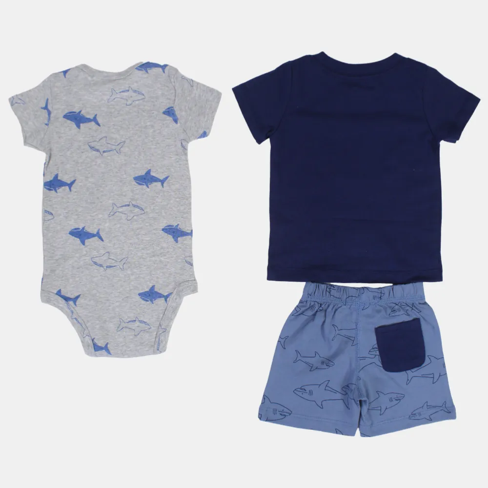Baby Boys Cotton 3-Piece Outfit Set – Navy with Shark Design