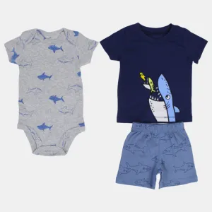 Baby Boys Cotton 3-Piece Outfit Set – Navy with Shark Design