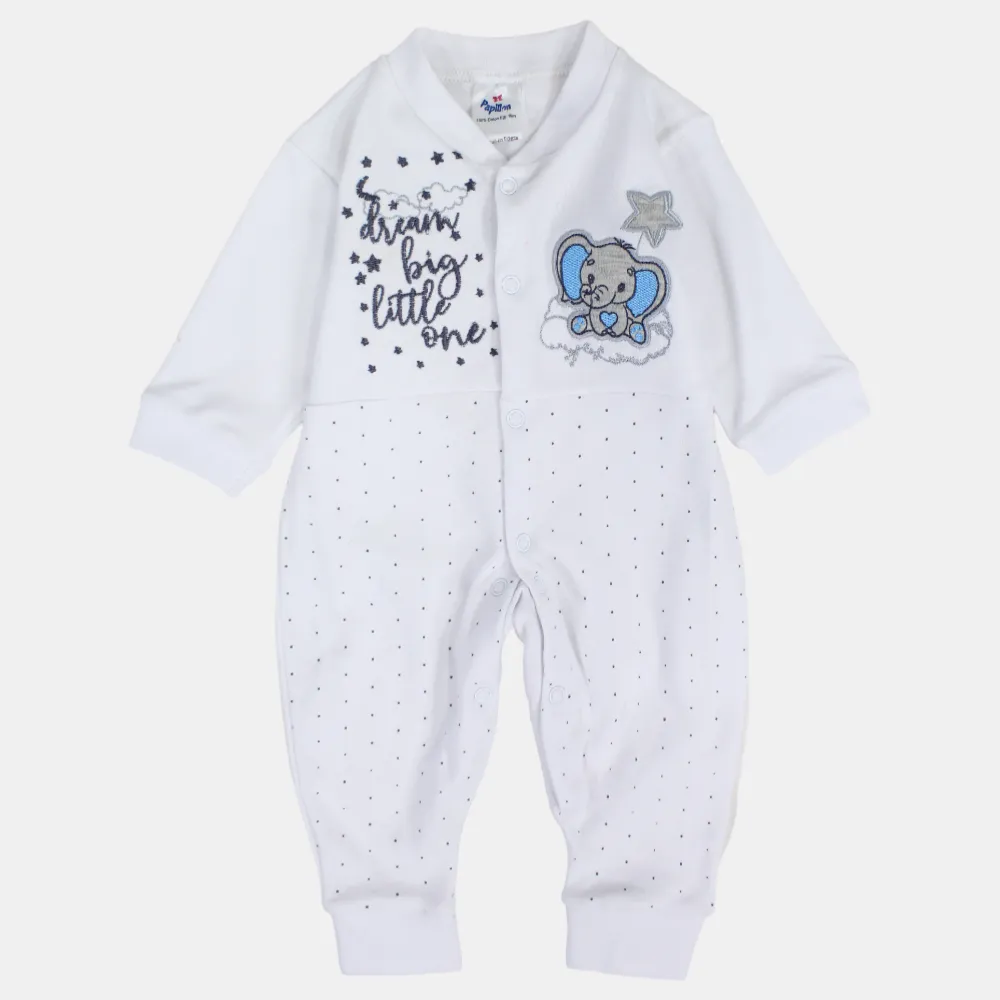 Baby Boys Cotton Footless Onesie – Off-White with Elephant and Star Design