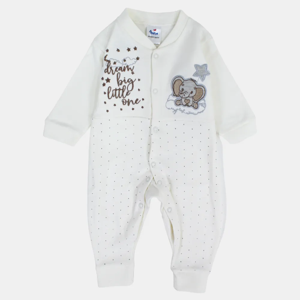 Baby Boys Cotton Footless Onesie – Off-White with Elephant and Star Design