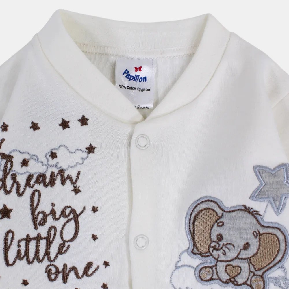 Baby Boys Cotton Footless Onesie – Off-White with Elephant and Star Design