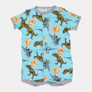 Baby Boys Cotton Romper – Aqua with Dinosaur Print