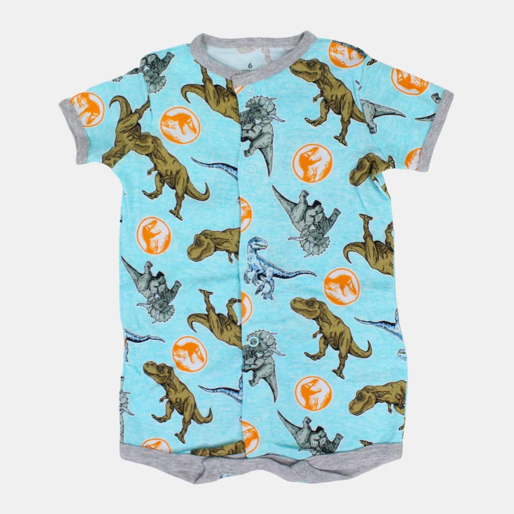 Baby Boys Cotton Romper – Aqua with Dinosaur Print