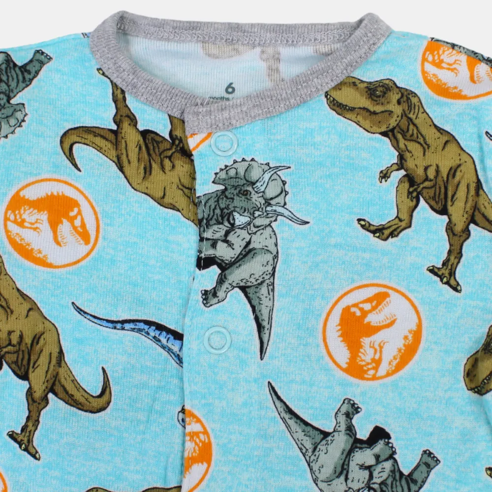 Baby Boys Cotton Romper – Aqua with Dinosaur Print
