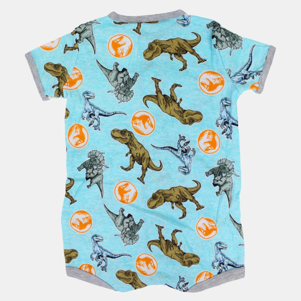 Baby Boys Cotton Romper – Aqua with Dinosaur Print