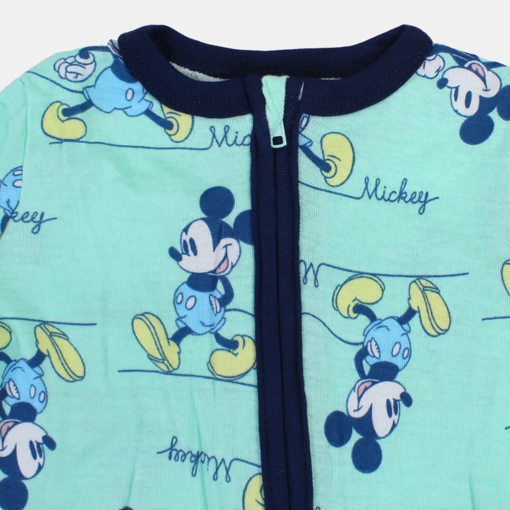 Baby Boys Cotton Romper – Aqua with Mickey Mouse Print