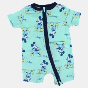 Baby Boys Cotton Romper – Aqua with Mickey Mouse Print
