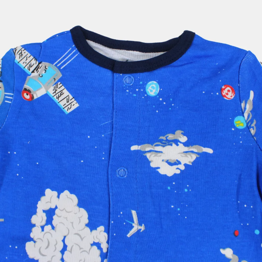 Baby Boys Cotton Romper – Blue with Space Rockets Print