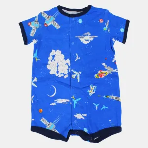 Baby Boys Cotton Romper – Blue with Space Rockets Print