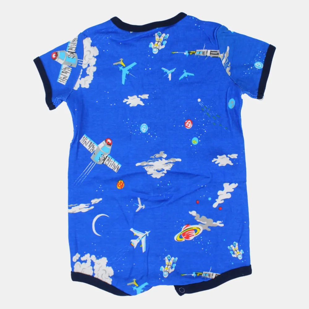 Baby Boys Cotton Romper – Blue with Space Rockets Print