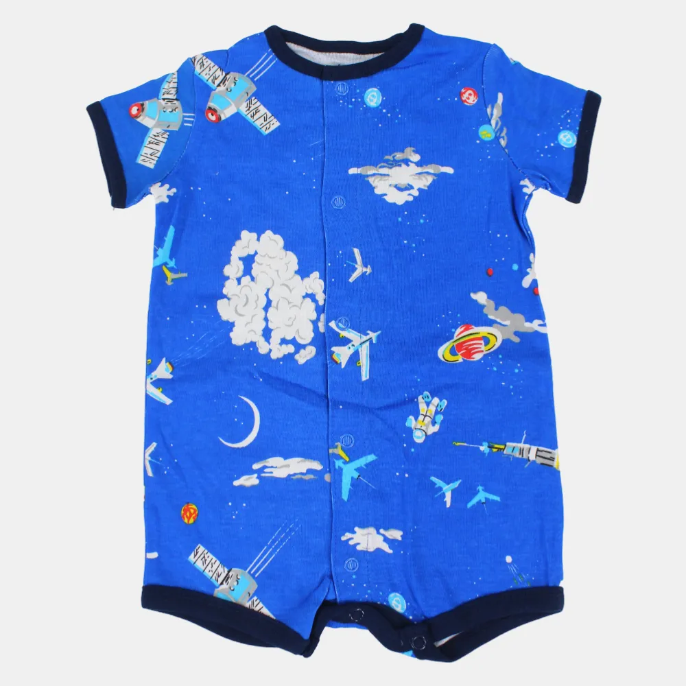 Baby Boys Cotton Romper – Blue with Space Rockets Print