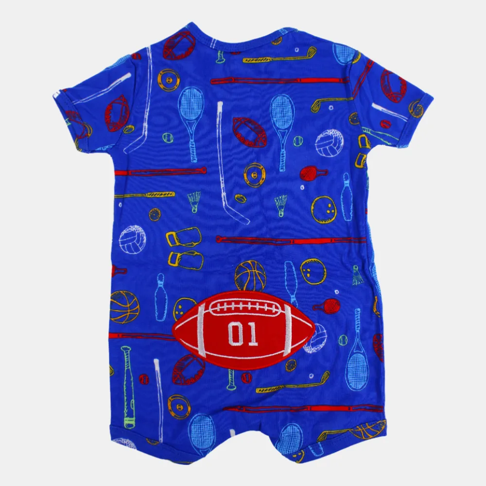 Baby Boys Cotton Romper – Blue with Sports Print