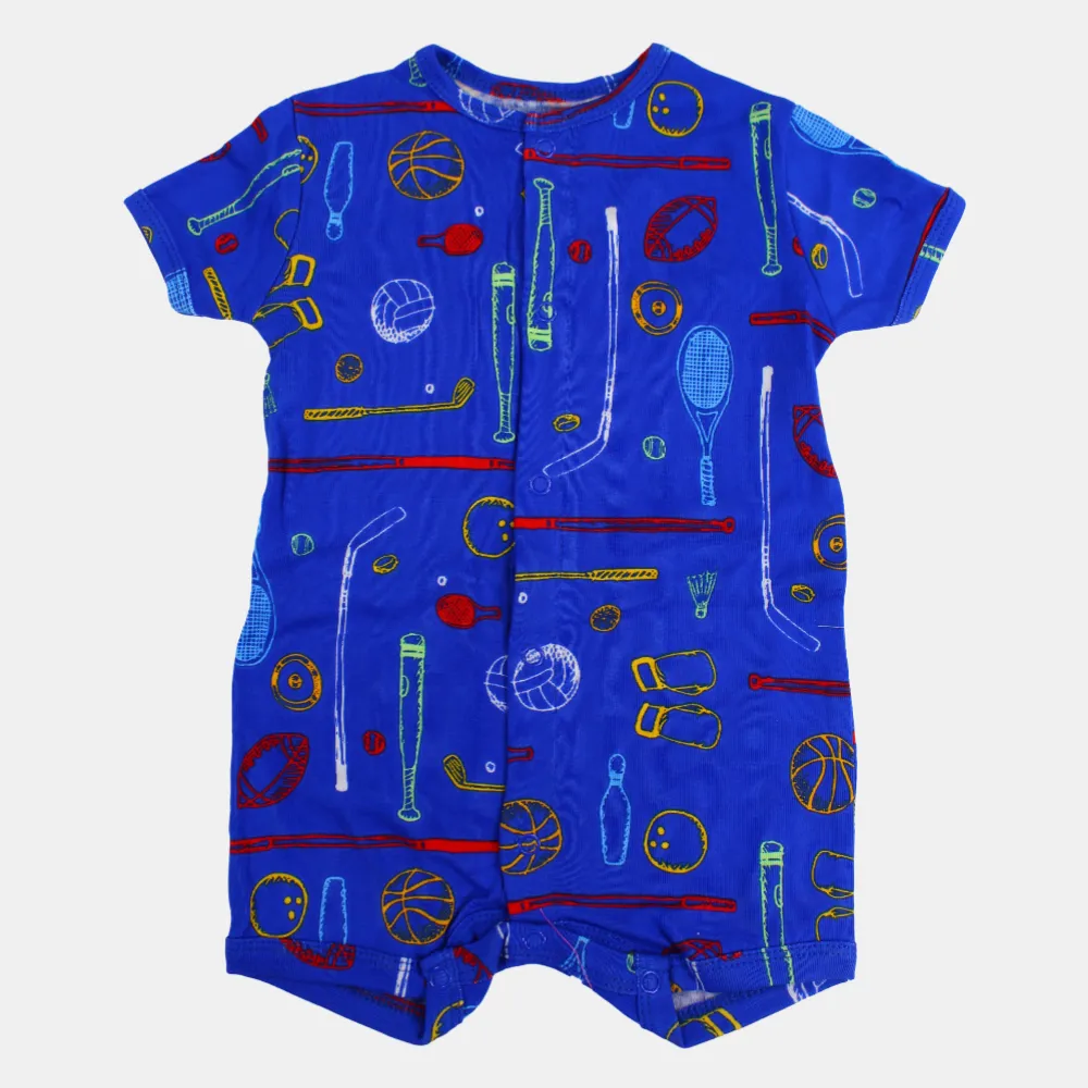Baby Boys Cotton Romper – Blue with Sports Print