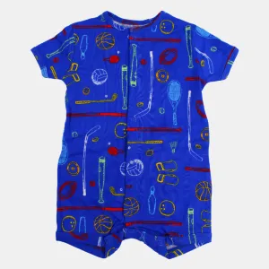 Baby Boys Cotton Romper – Blue with Sports Print