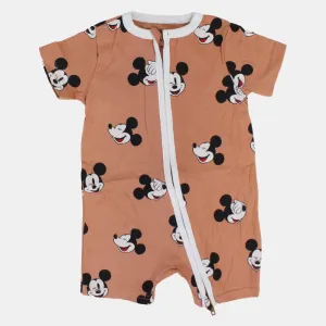 Baby Boys Cotton Romper – Café with Mickey Mouse Print and Zipper Detail