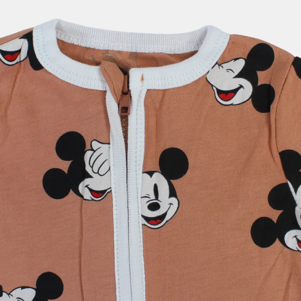 Baby Boys Cotton Romper – Café with Mickey Mouse Print and Zipper Detail