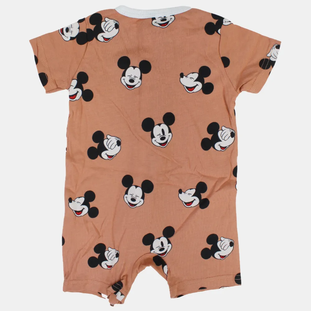 Baby Boys Cotton Romper – Café with Mickey Mouse Print and Zipper Detail
