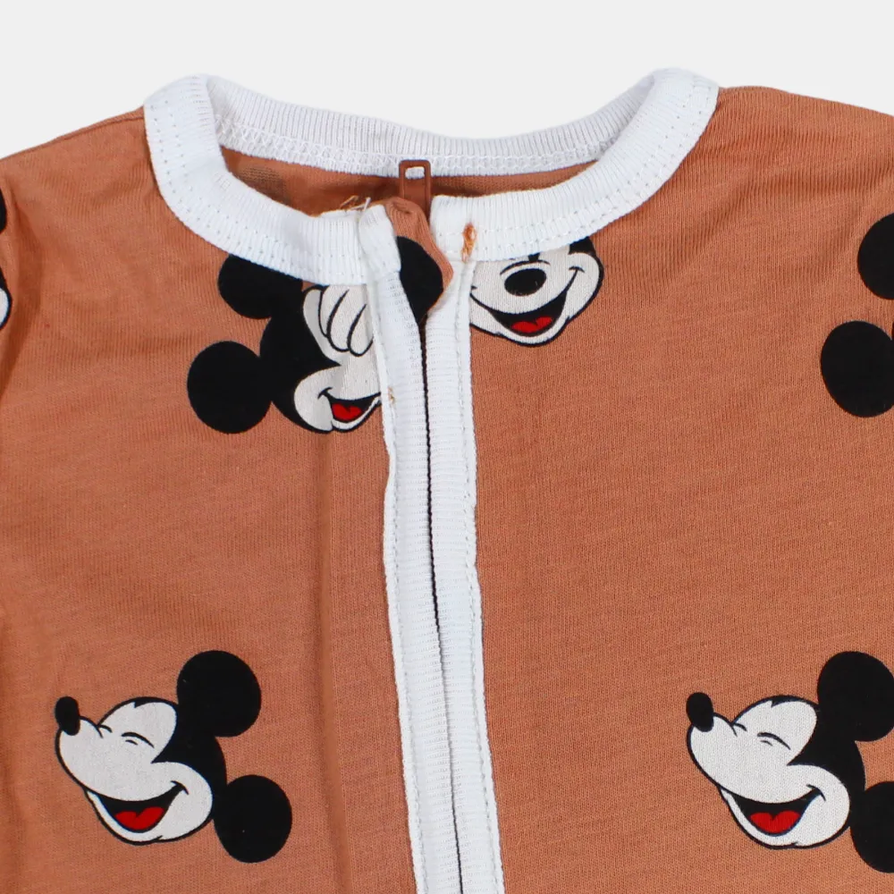 Baby Boys Cotton Romper – Coffee with Mickey Mouse Print