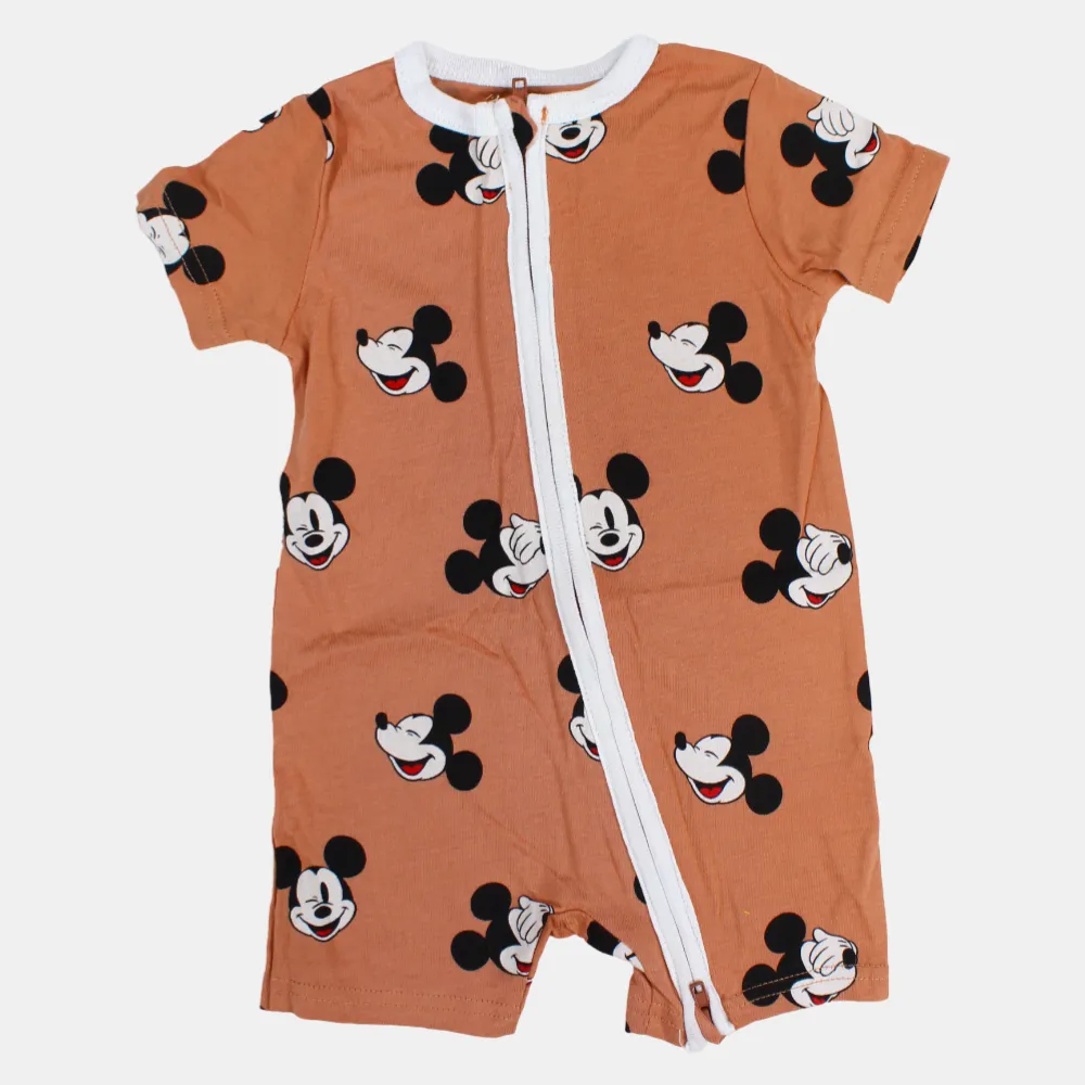 Baby Boys Cotton Romper – Coffee with Mickey Mouse Print