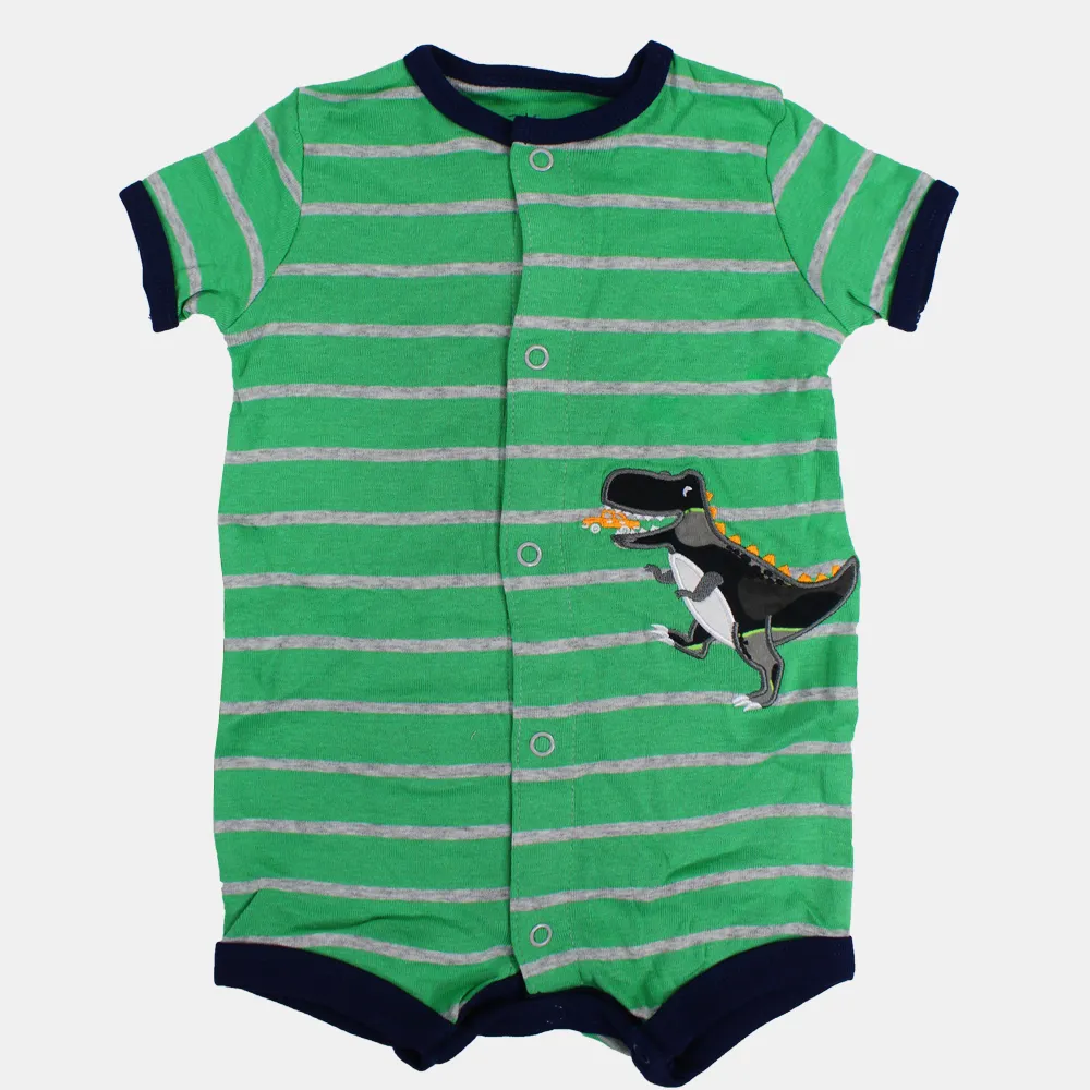 Baby Boys Cotton Romper – Green Striped with Dinosaur Print