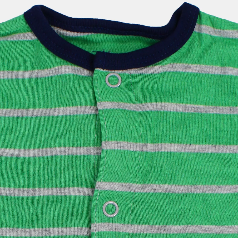 Baby Boys Cotton Romper – Green Striped with Dinosaur Print