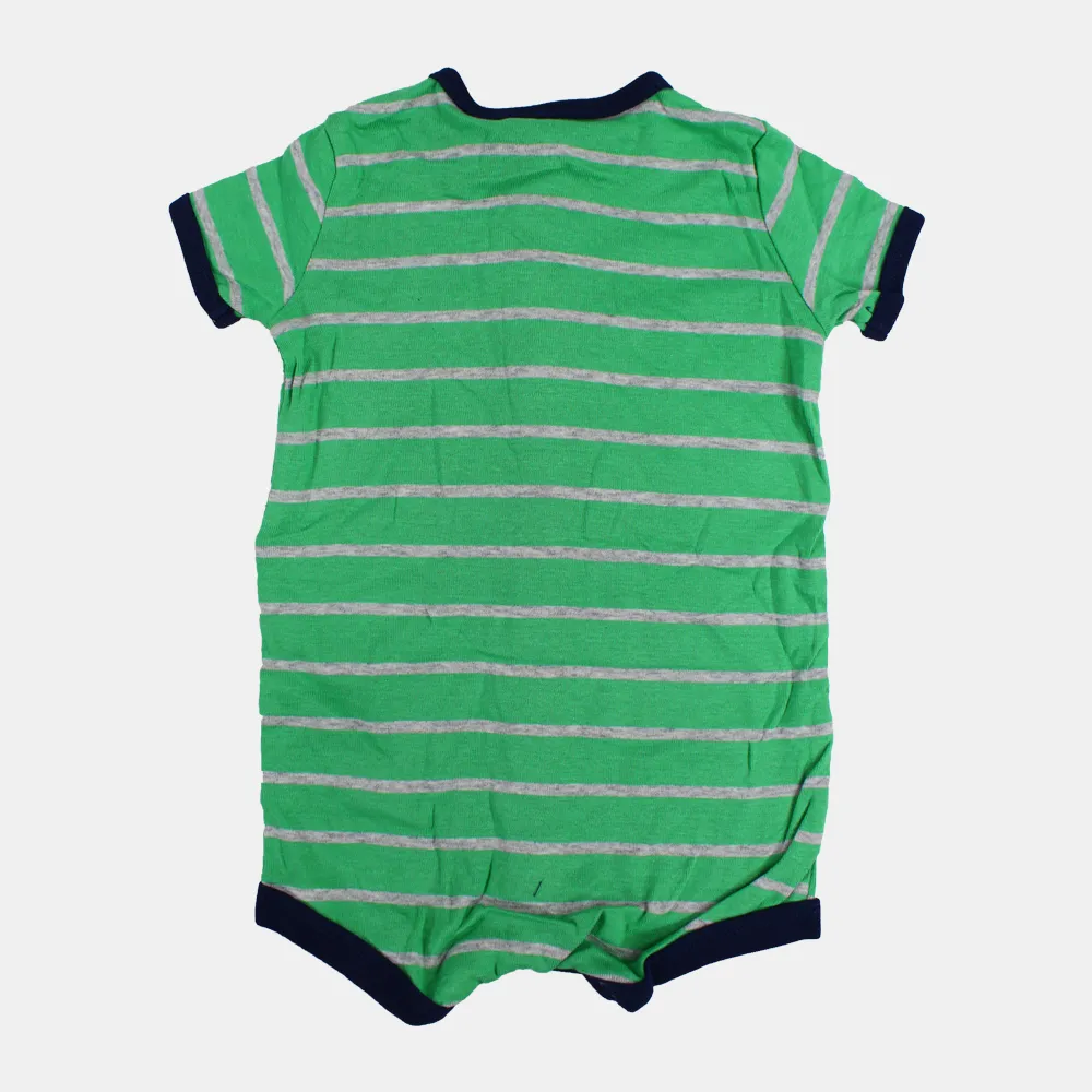 Baby Boys Cotton Romper – Green Striped with Dinosaur Print