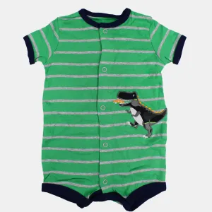 Baby Boys Cotton Romper – Green Striped with Dinosaur Print