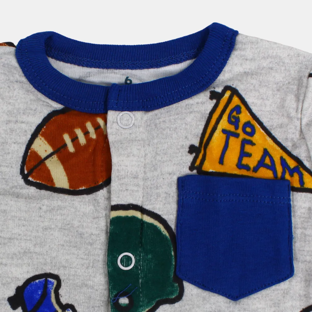 Baby Boys Cotton Romper – Grey with Athletic Print