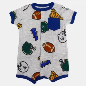 Baby Boys Cotton Romper – Grey with Athletic Print