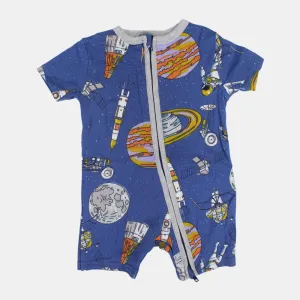 Baby Boys Cotton Romper – Indigo with Space Print and Zipper Detail