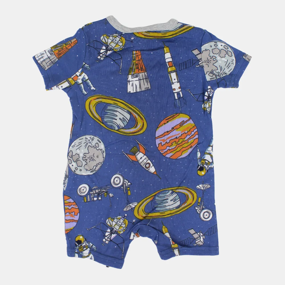 Baby Boys Cotton Romper – Indigo with Space Print and Zipper Detail