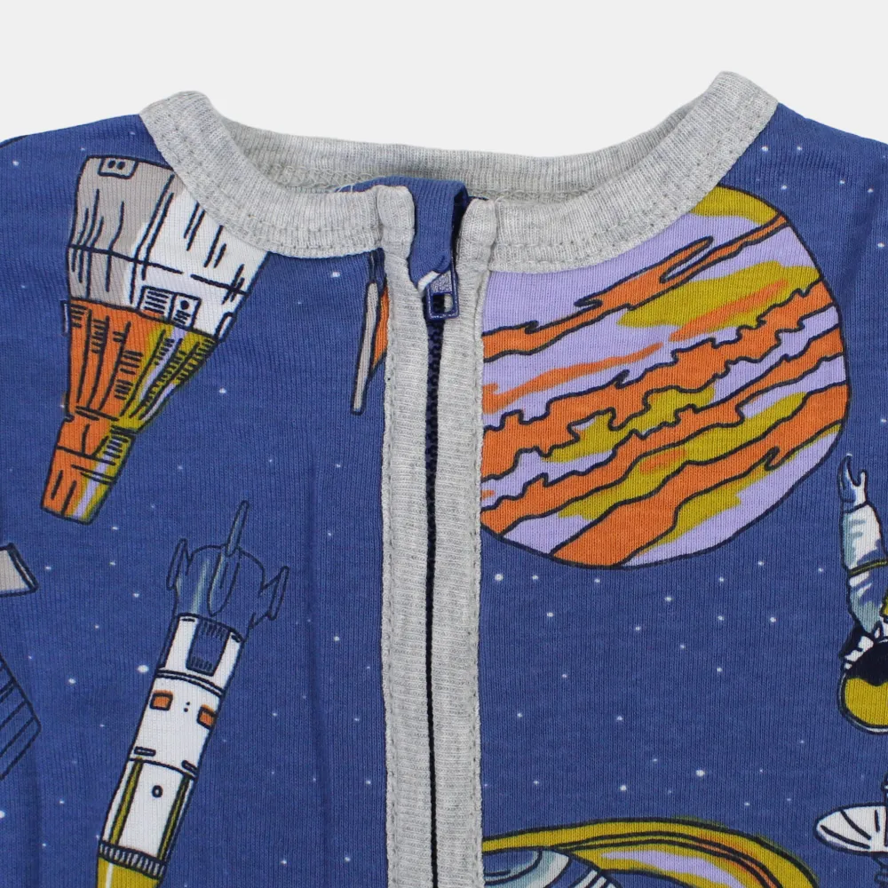 Baby Boys Cotton Romper – Indigo with Space Print and Zipper Detail