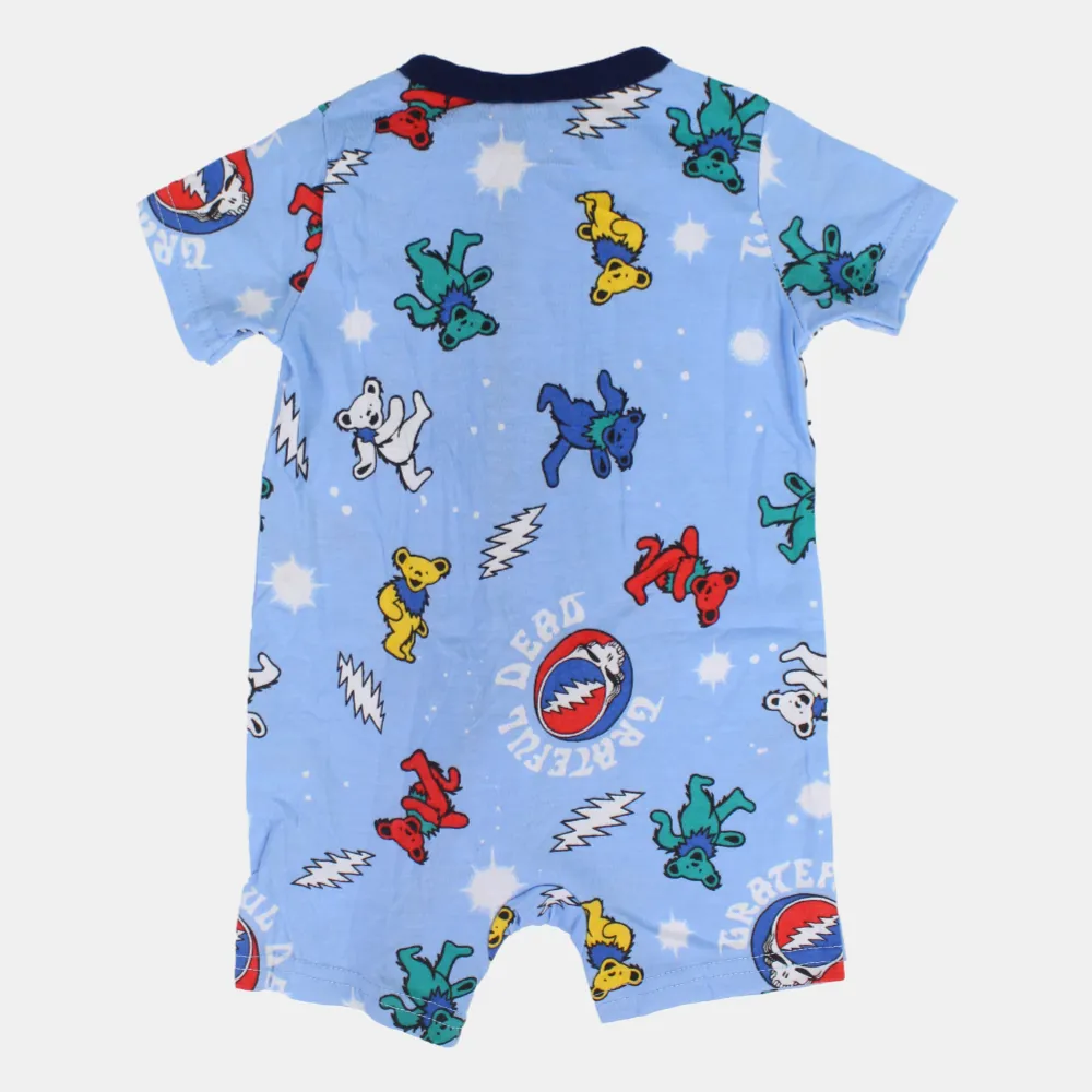 Baby Boys Cotton Romper – Light Blue with Bear Print and Zipper Detail