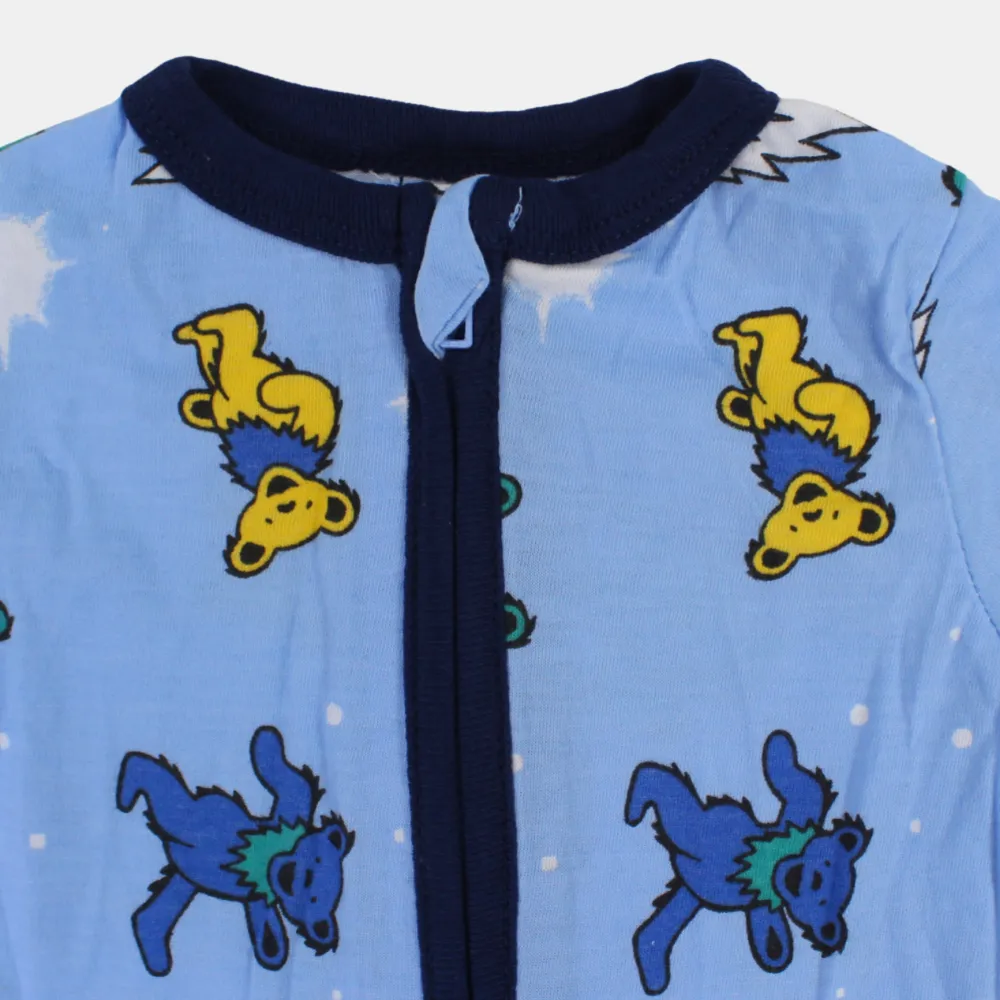 Baby Boys Cotton Romper – Light Blue with Bear Print and Zipper Detail