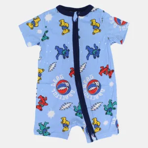 Baby Boys Cotton Romper – Light Blue with Bear Print and Zipper Detail