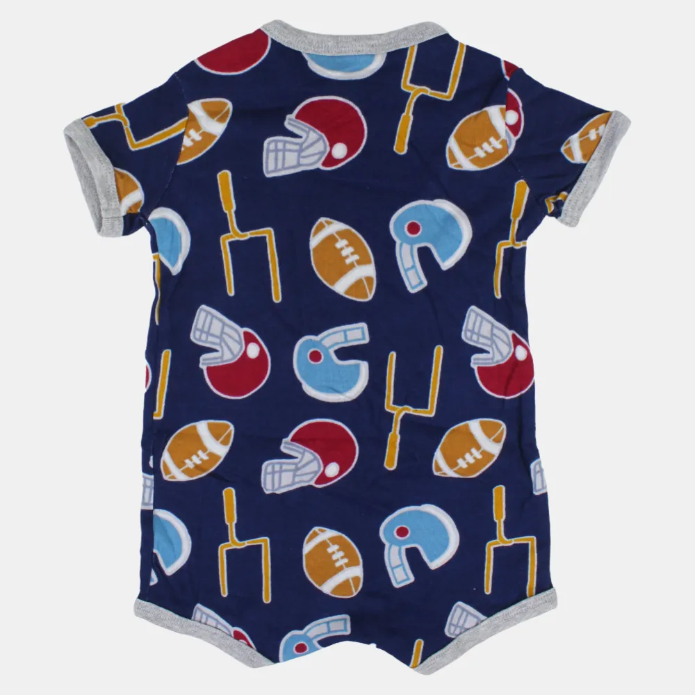 Baby Boys Cotton Romper – Navy Blue with Sports Print