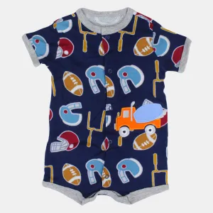 Baby Boys Cotton Romper – Navy Blue with Sports Print