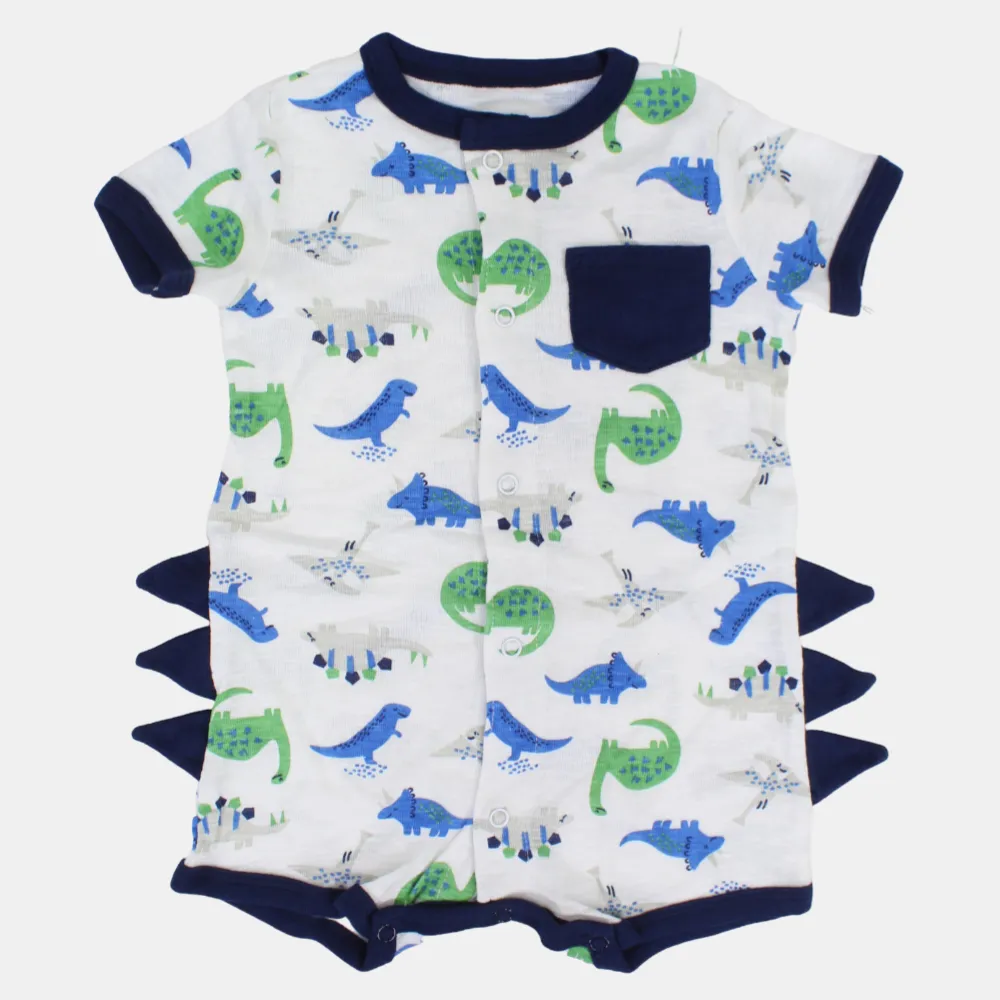 Baby Boys Cotton Romper – Off White with Dinosaur Print