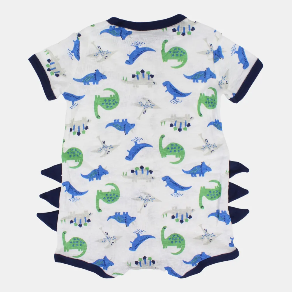 Baby Boys Cotton Romper – Off White with Dinosaur Print