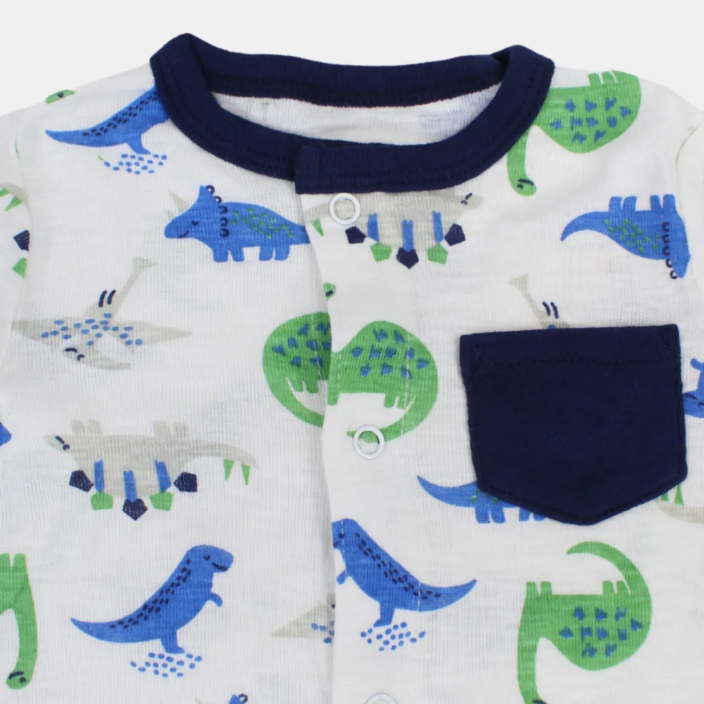 Baby Boys Cotton Romper – Off White with Dinosaur Print