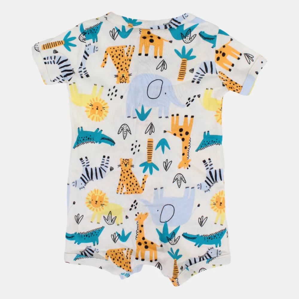 Baby Boys Cotton Romper – Off-White with Wild Animals Print