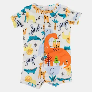 Baby Boys Cotton Romper – Off-White with Wild Animals Print