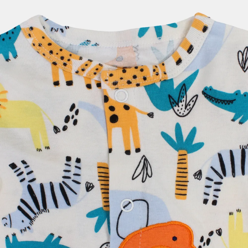Baby Boys Cotton Romper – Off-White with Wild Animals Print