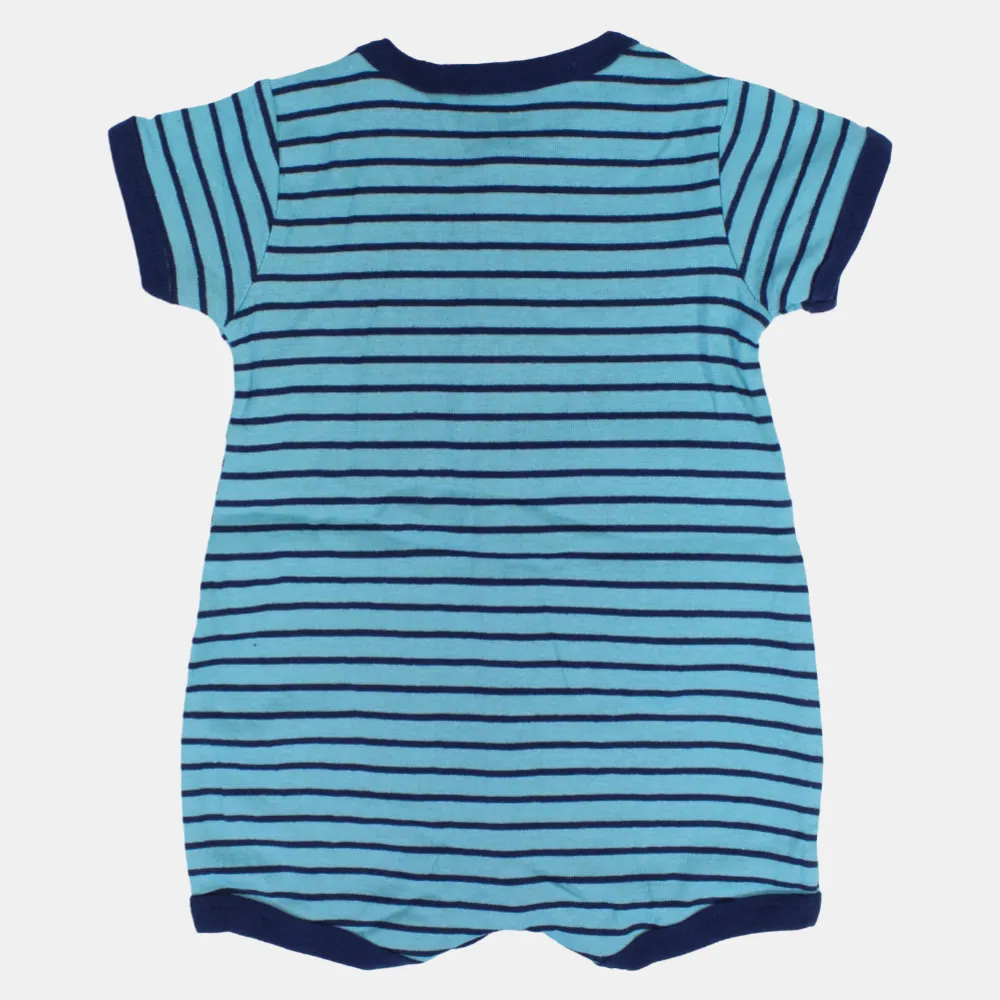 Baby Boys Cotton Romper – Striped Light Blue with Bear Print