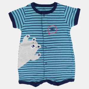 Baby Boys Cotton Romper – Striped Light Blue with Bear Print