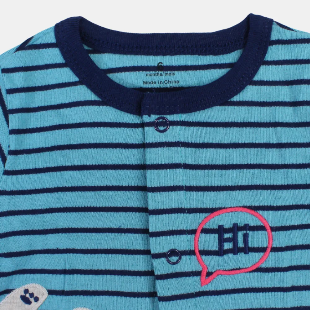 Baby Boys Cotton Romper – Striped Light Blue with Bear Print