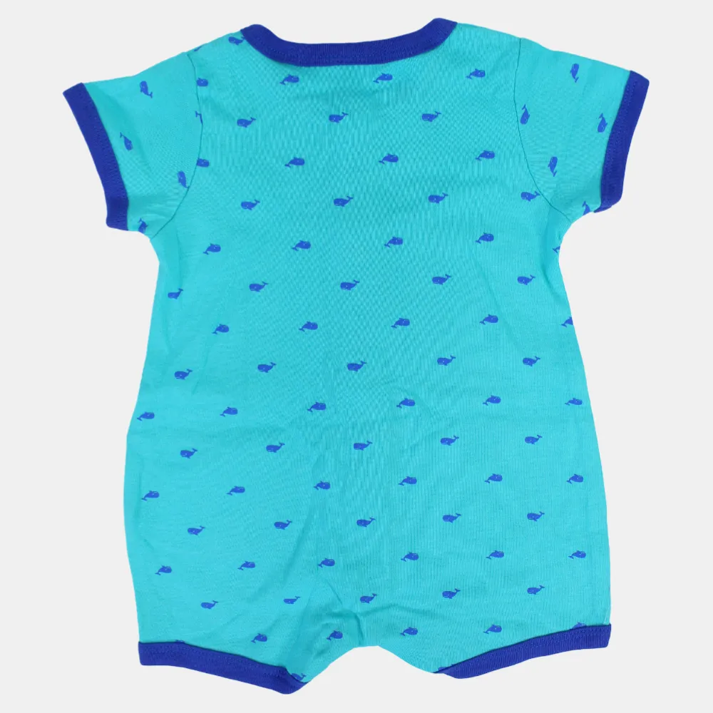 Baby Boys Cotton Romper – Turquoise with Whale Print