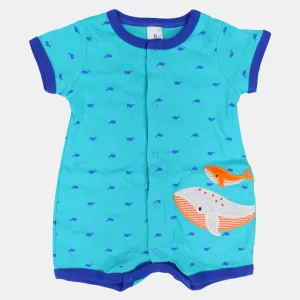 Baby Boys Cotton Romper – Turquoise with Whale Print